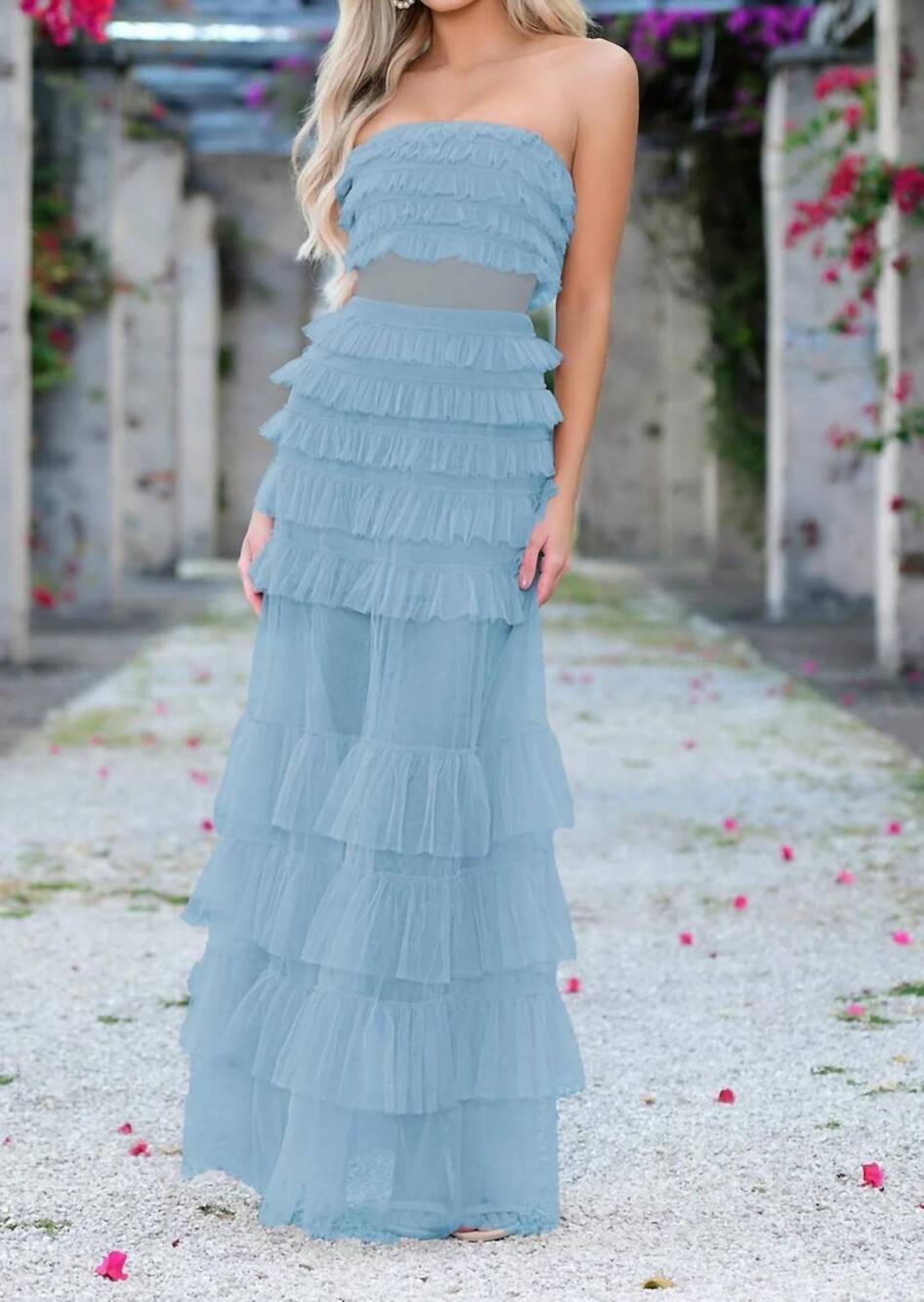 NEW VELVI georgia ruffled prom maxi dress in smoky blue